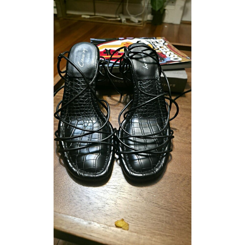 Circus NY Women’s Black Leather Croc Embossed Square Toe Strappy Lace-Up Heels 9